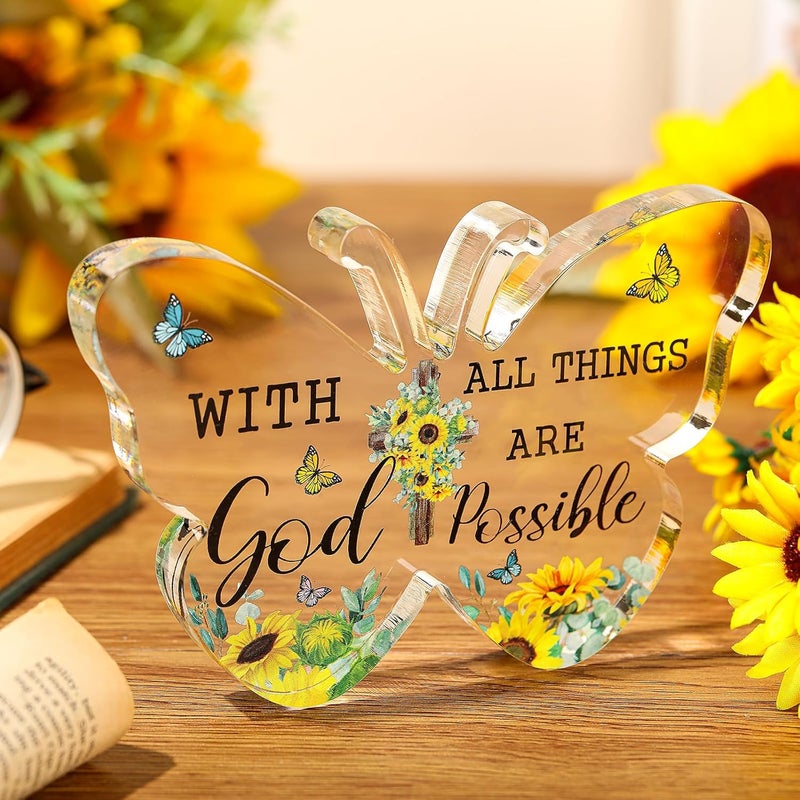 Barydat Acrylic Christian Gifts Bible Verses Religious Gifts for Women Men Inspirational Scripture Butterfly Prayer Room Decor Faith Keepsake Paperweights for Mother Father Home (with God) - Image 2